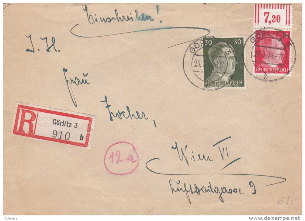 DEUTSCHES REICH 1944 - 12 + 30 Pf Auf R-Brief Gel.v.Görlitz Nach Wien VI - Briefe U. Dokumente