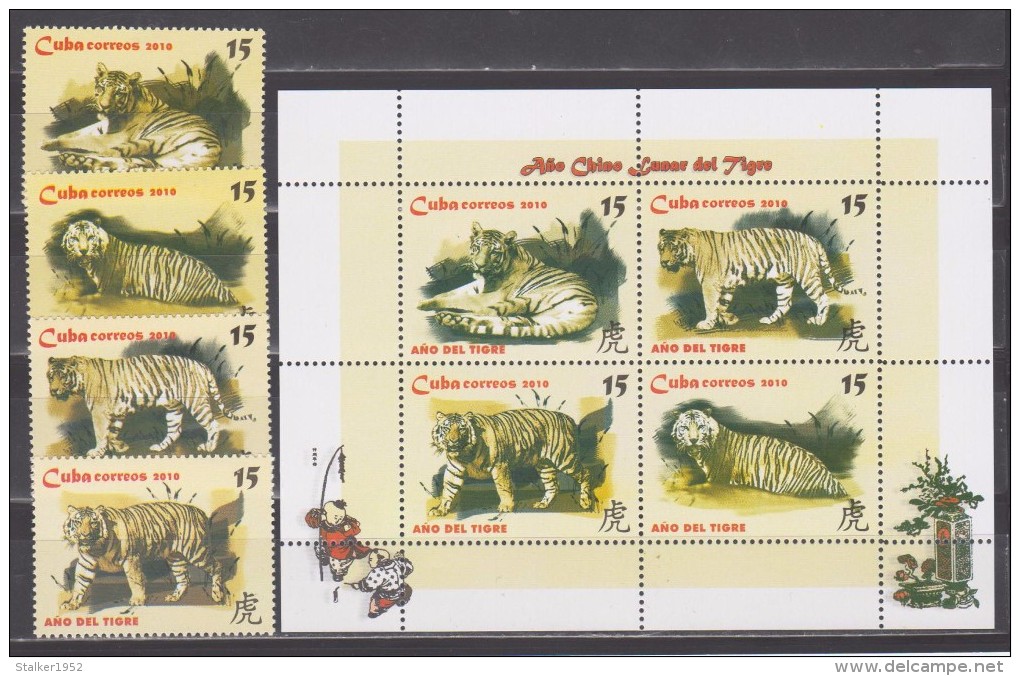 Cuba 2010 Kuba Mi 5331-5334 + Block 271 Chinese New Year: Year Of The Tiger / Chinesisches Neujahr: Jahr Des Tigers MNH - Félins