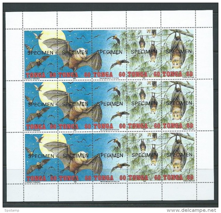 Tonga 1992 Bats Of Kolovai Sheet Of 9 With 3 Strips Of 5 Specimen Overprint MNH - Tonga (1970-...)