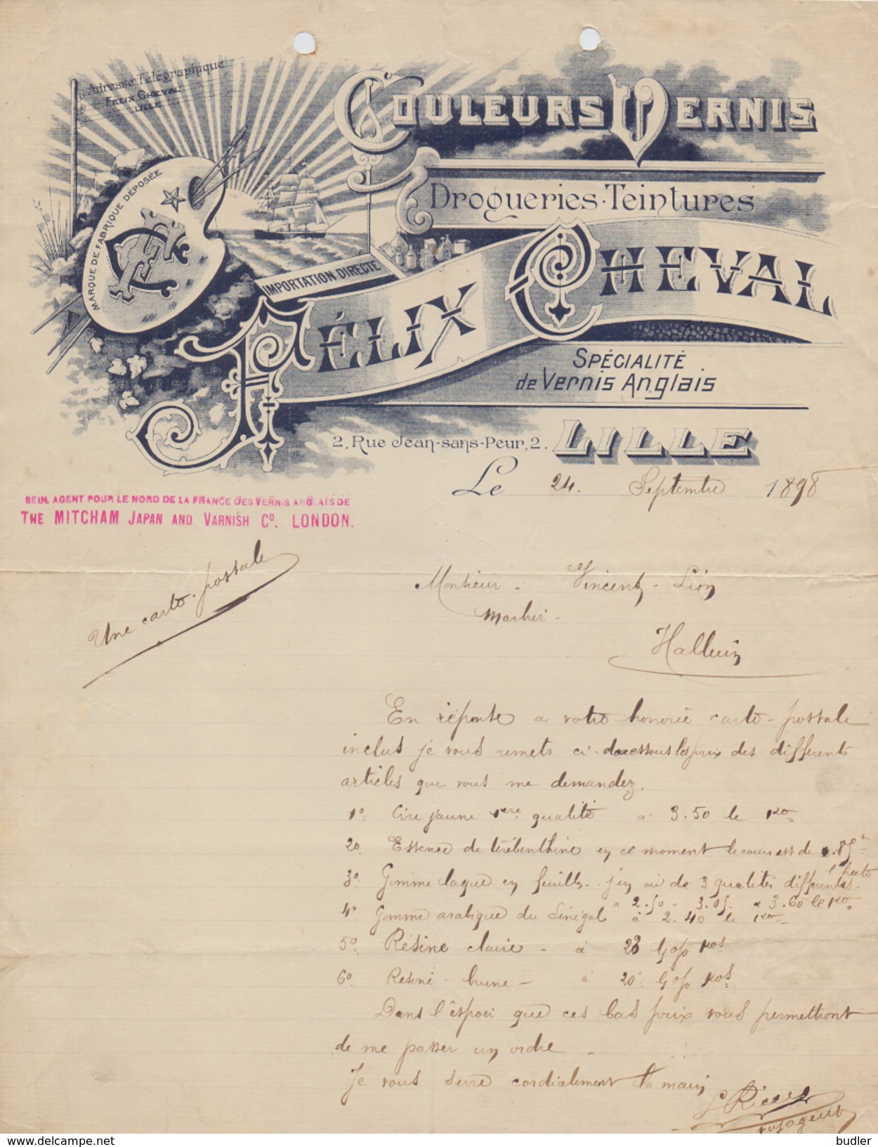 FRANCE :1898: ## Couleurs Vernis FÉLIX CHEVAL, Lille ## à ## Vincent Léon, Halluin ## : SAILING VESSEL, - 1800 – 1899