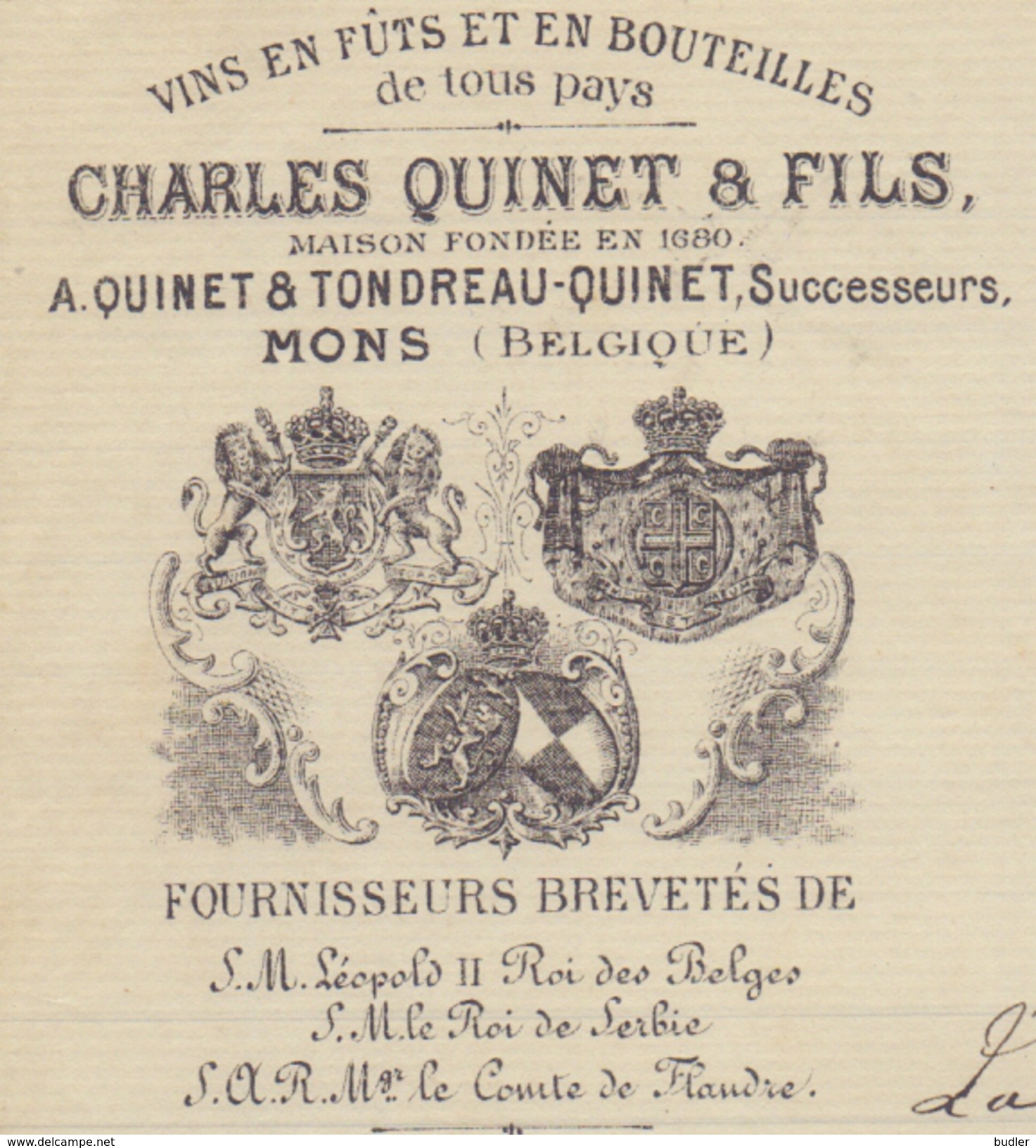 BELGIË/BELGIQUE :1905: ## CHARLES QUINET, Maison Fondée En 1880, MONS ## à ## Mr. Brunet, Uccle ## : HERALDRY, - Levensmiddelen