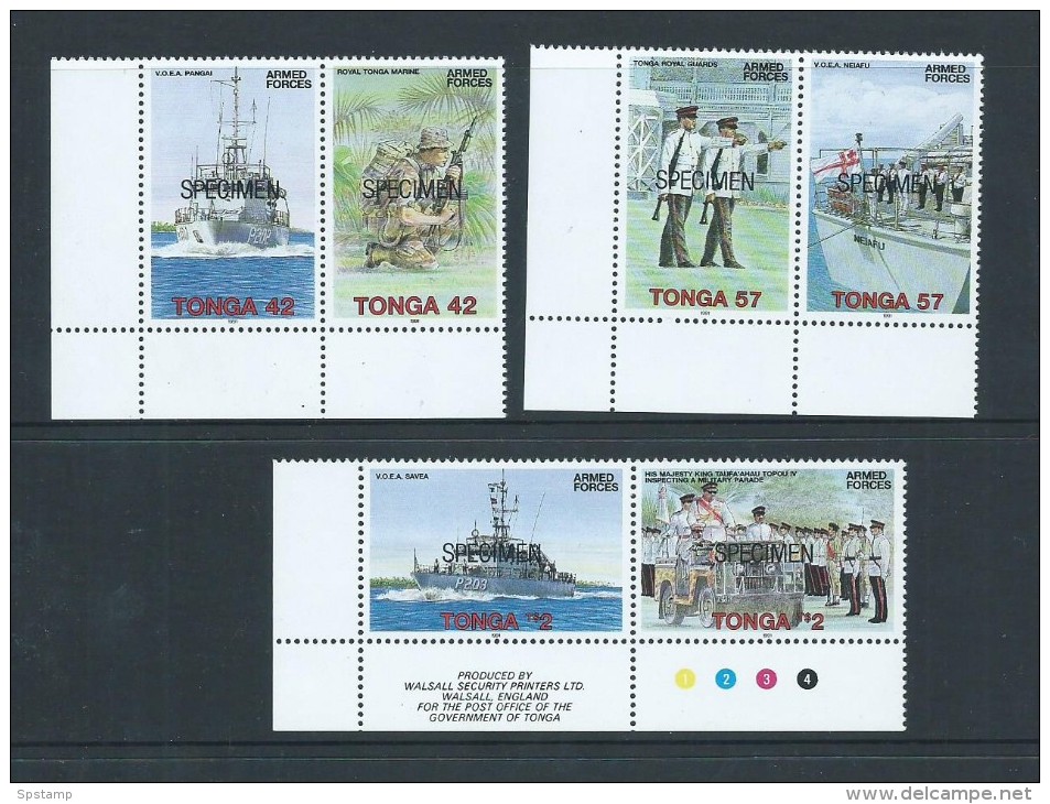 Tonga 1991 Armed Forces Army & Navy Set Of 3 Pairs MNH Specimen Overprints - Tonga (1970-...)
