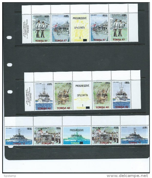 Tonga 1991 Armed Forces Army & Navy Set Of 3 Pairs MNH Gutter Pairs With Labels Specimen Overprints - Tonga (1970-...)