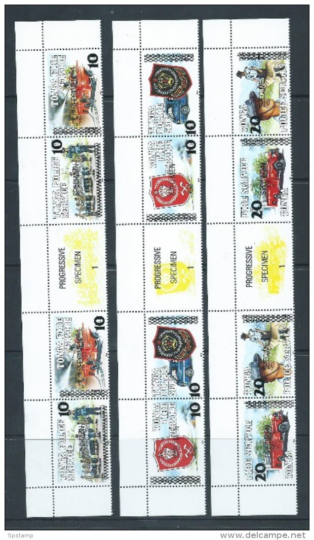 Tonga 1997 Surcharges On 1993 Police & Fire Service Set Of 3 Pairs MNH Gutter Strips With Labels Specimen Overprints - Tonga (1970-...)