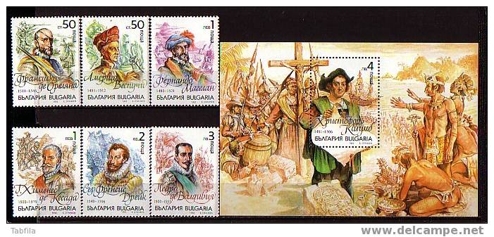 BULGARIA \ BULGARIE - 1992 - Grandes Decouvertes Geografiques - Vespucci,Magelan,Drake,Or Ellana,Quesada,Val - 6v + Bl** - Neufs