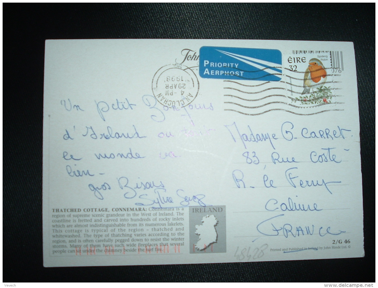 CP Par AVION Pour FRANCE TP OISEAU SPIDEOG ROBIN 43 OBL.MEC.29 APR 1998 AN CLOCHAN - Cartas & Documentos