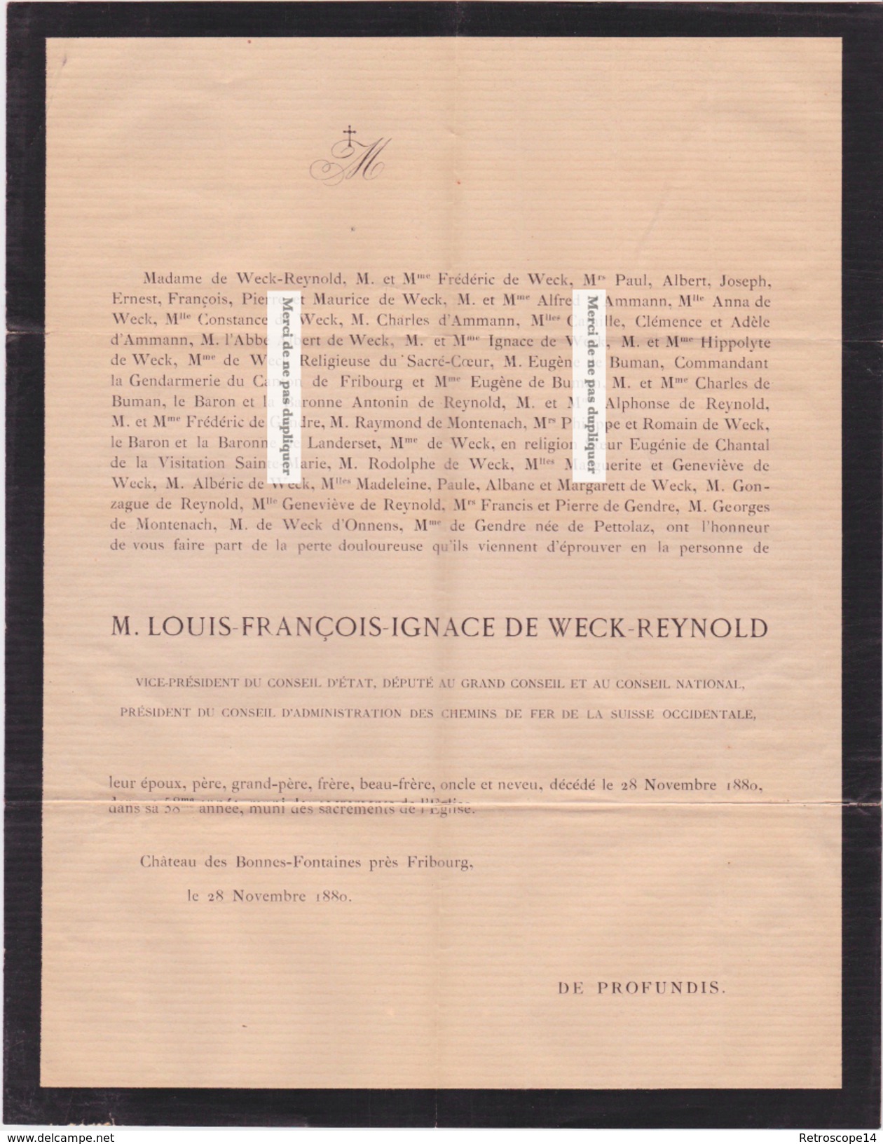 Faire-part Décès LOUIS De WECK REYNOLD. 1823-1880. Officier, Homme D'état, Agronome. Fribourg, Suisse. - Décès