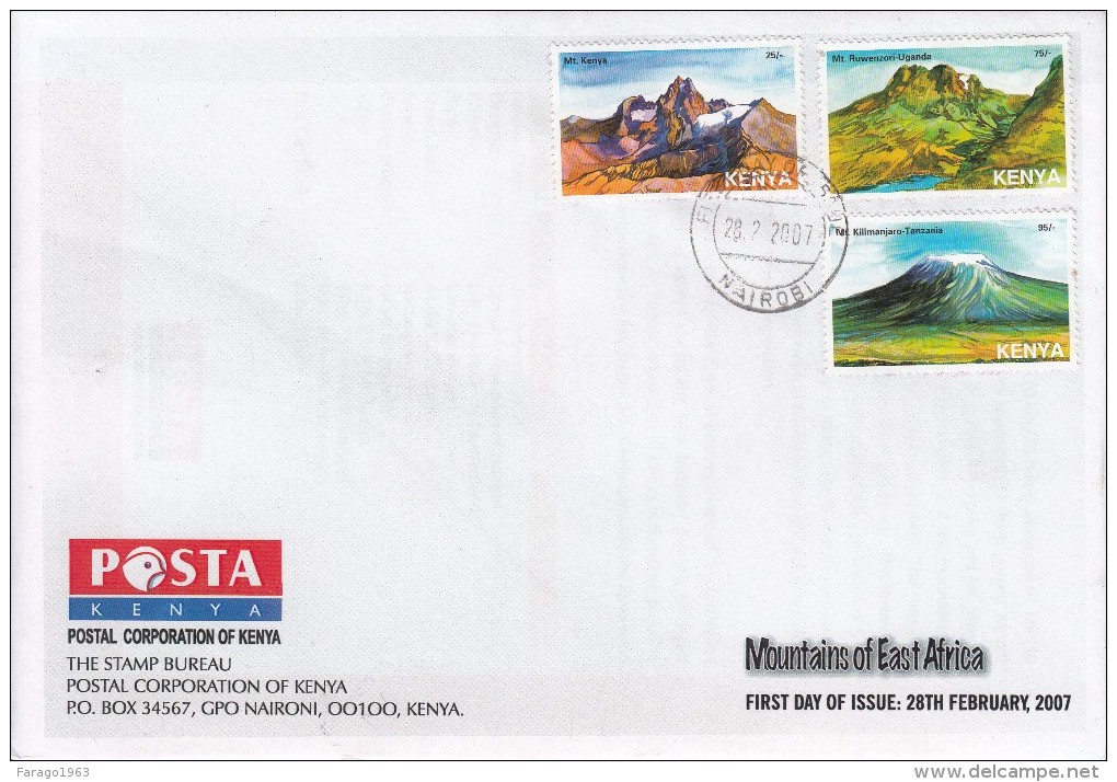 2007 Kenya Mountains Of East Africa  Complete Set Of 3 First Day Cover  Used - Kenya (1963-...)