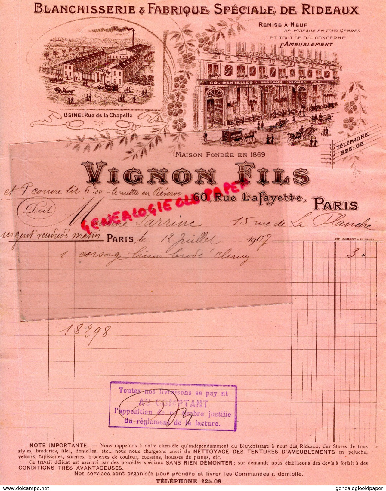 75 - PARIS - BELLE FACTURE VIGNON FILS- BLANCHISSERIE FABRIQUE DE RIDEAUX- 60 RUE LAFAYETTE- 1902 USINE RUE CHAPELLE - 1900 – 1949