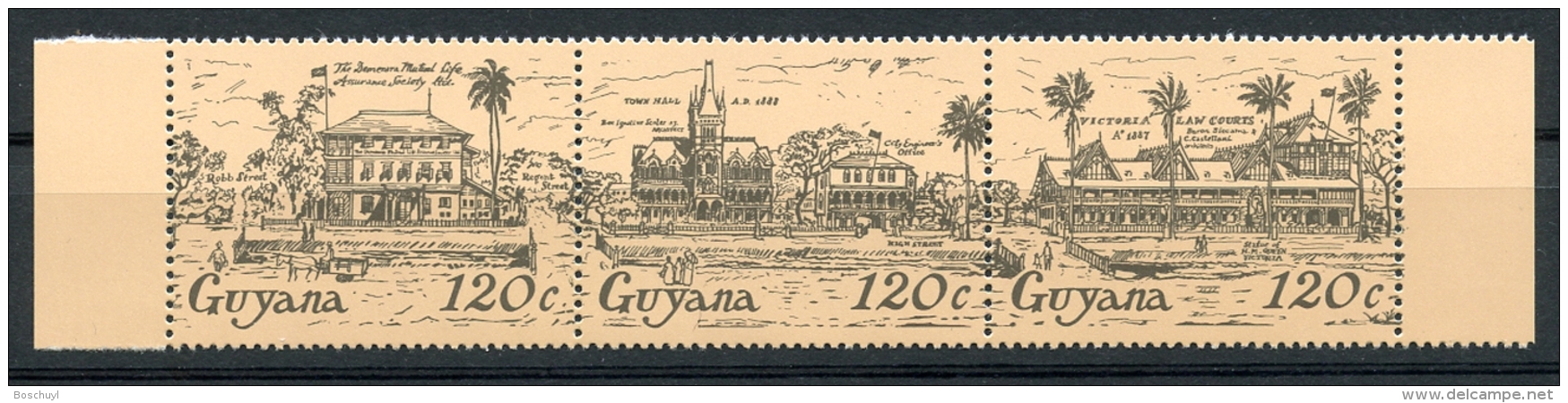 Guyana, 1985, Georgetown Buildings, MNH Strip, No Watermark, Michel 1288-1290X - Guyane (1966-...)