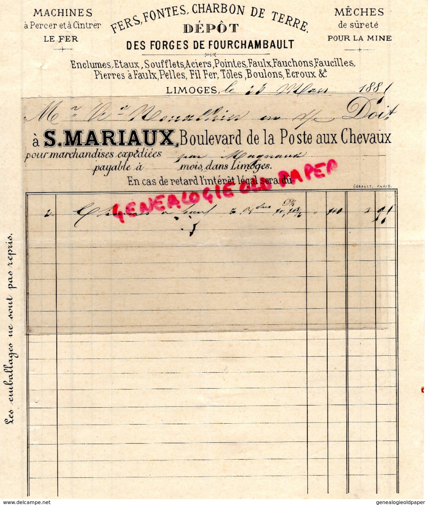 87 - LIMOGES - FACTURE S. MARIAUX- BD DE LA POSTE AUX CHEVAUX- DEPOT DES FORGES DE FOURCHAMBAULT-1881 - 1800 – 1899