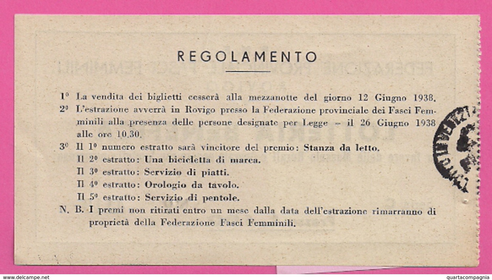 LOTTERIA BENEFICA " FEDERAZIONE PROVINCIALE FASCI FEMMINILI" ROVIGO - Billets De Loterie