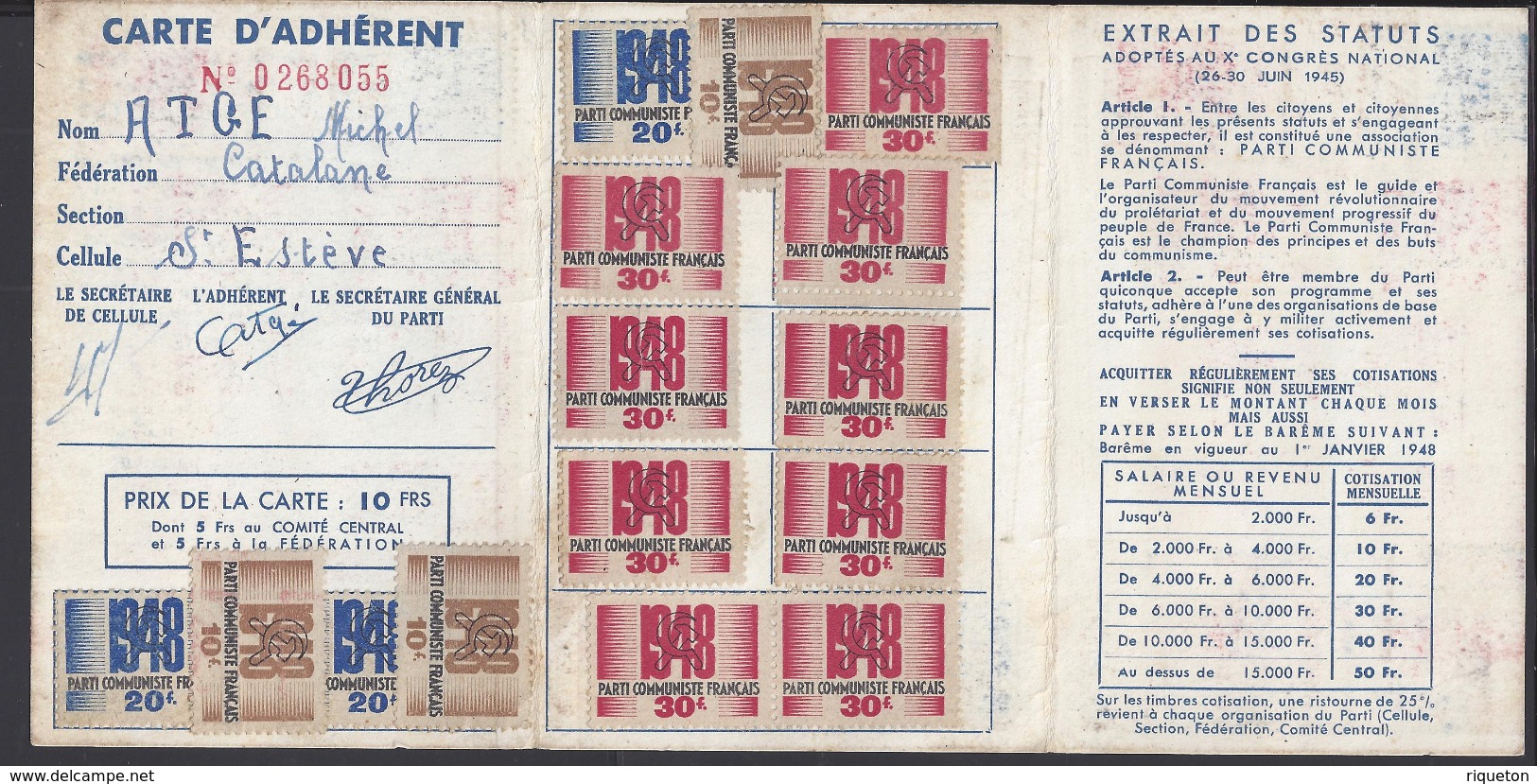 FR - 1948 - Carte D'Adhérent Au Parti Communiste Français - Fédération Des Pyrénées Orientales - - Autres & Non Classés