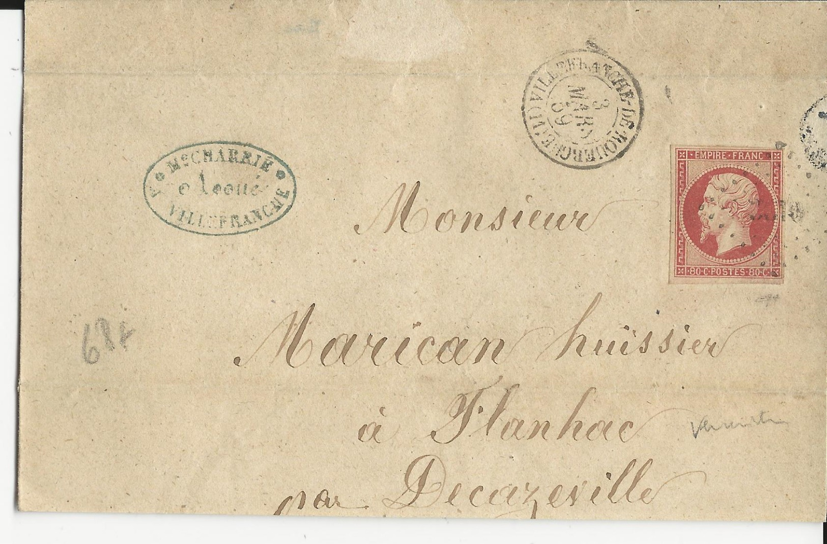 1859 - 80C EMPIRE (SUPERBE TEINTE) Sur LETTRE De VILLEFRANCHE De ROUERGUE (AVEYRON) Pour FLANHAC - 1849-1876: Période Classique