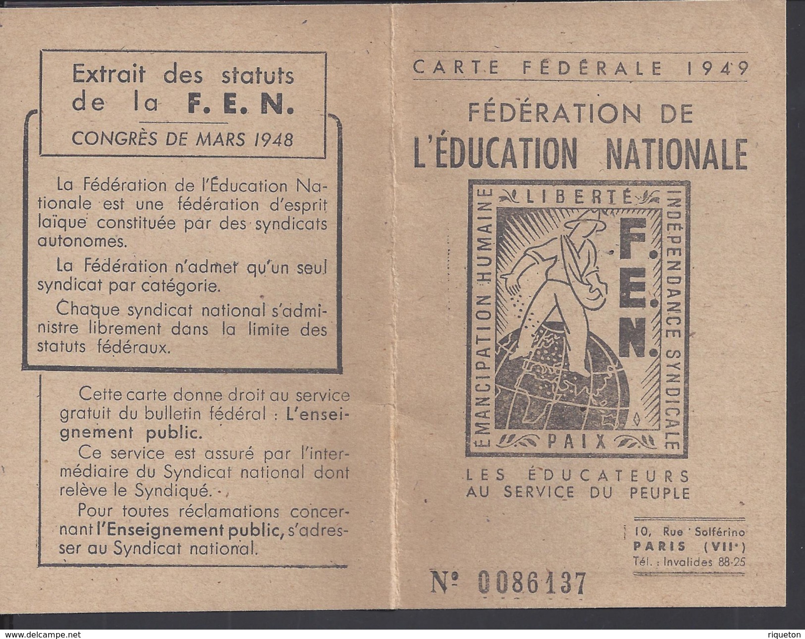 FR - 1949 - Carte Fédérale F.E.N. - Bages - Syndicat National Des Instituteurs Et Institutrices Des P. Orientales - - Autres & Non Classés