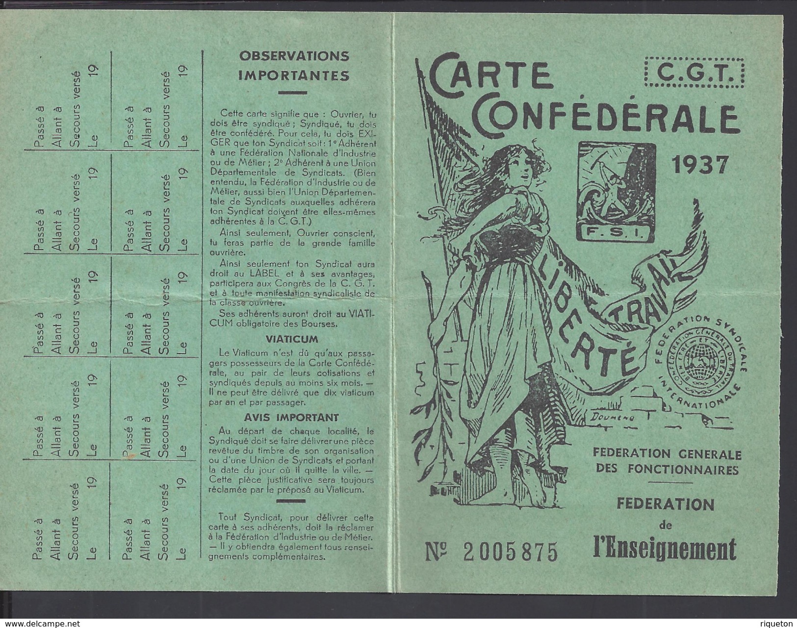 FR - 1937 - Carte C.G.T. - Fédération De L' Enseignement - P. Orientales - - Autres & Non Classés