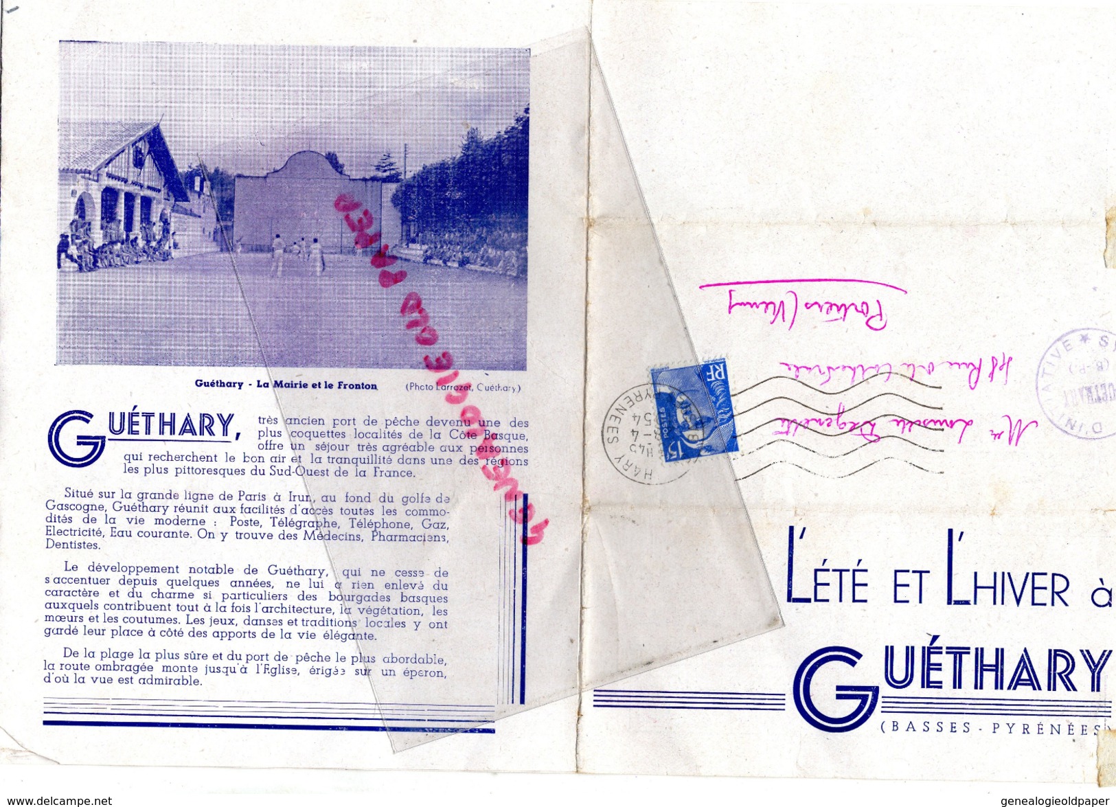 64 - GUETHARY - LETTRE DEPLIANT TOURISTIQUE- 1954- MAIRIE ET FRONTON-PLAGE DU CASINO- - Tourism Brochures