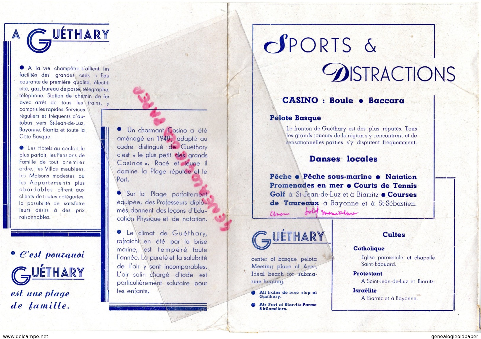 64 - GUETHARY - LETTRE DEPLIANT TOURISTIQUE- 1954- MAIRIE ET FRONTON-PLAGE DU CASINO- - Tourism Brochures