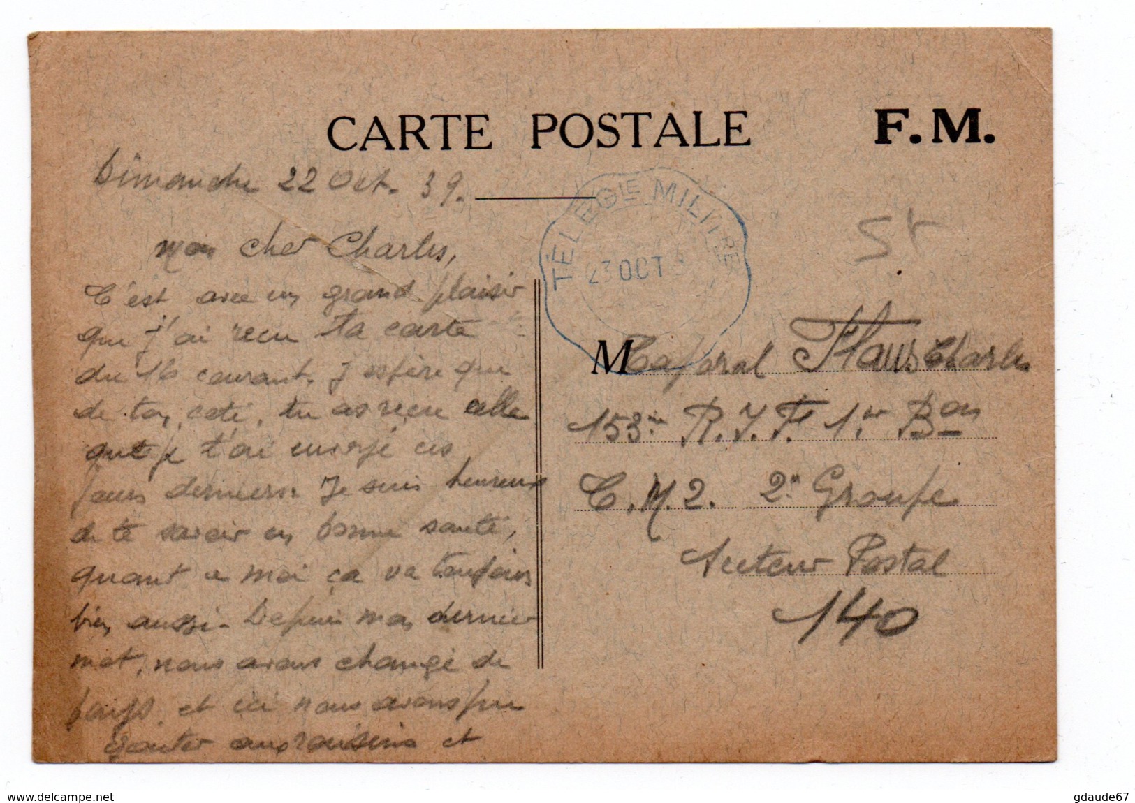 1939 - CARTE FM Avec CACHET TELEGRAMME MILITAIRE - Lettres & Documents