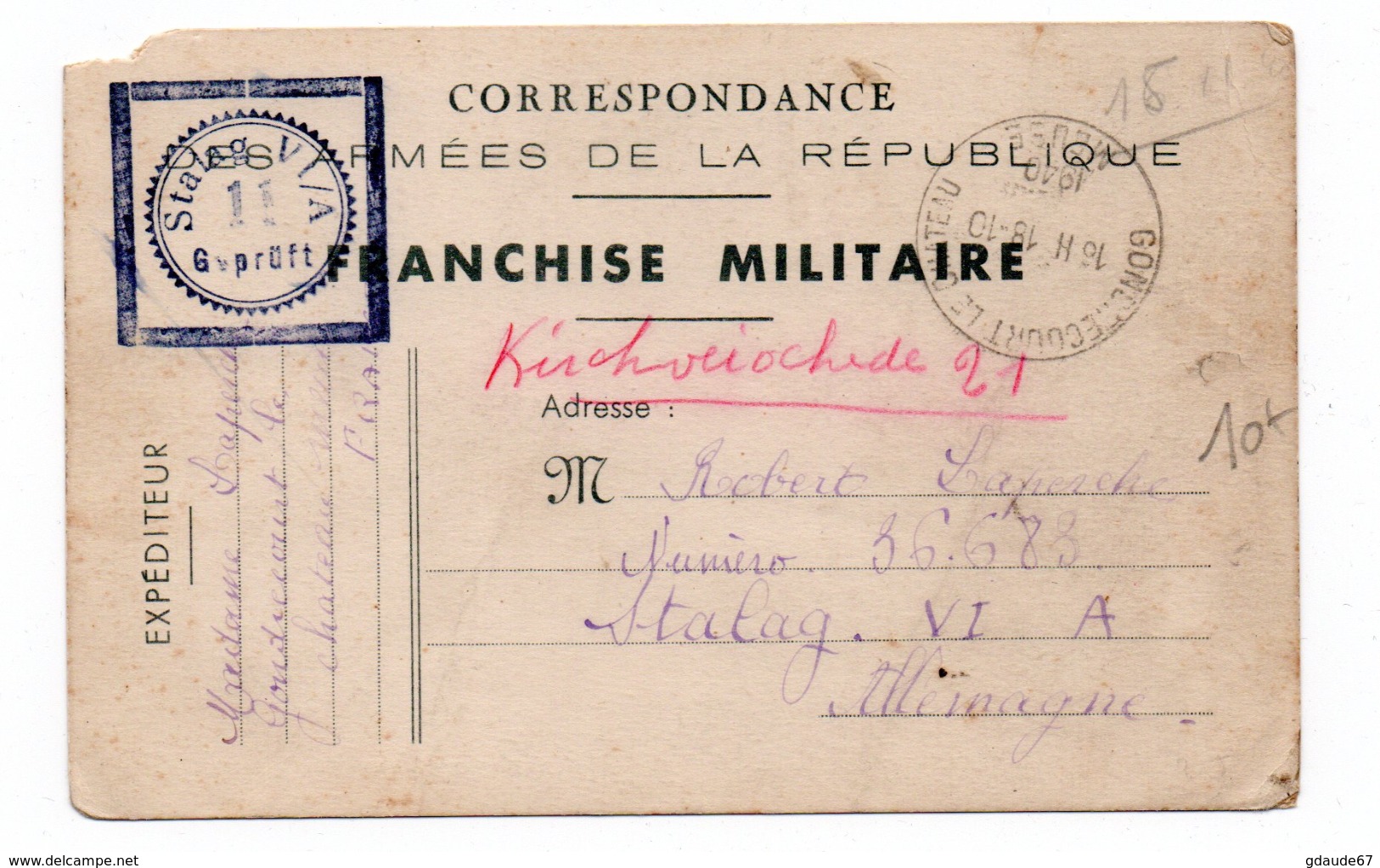 1940 - CARTE FM De GONDRECOURT LE CHATEAU (MEUSE) Pour Le STALAG VI / A - Briefe U. Dokumente