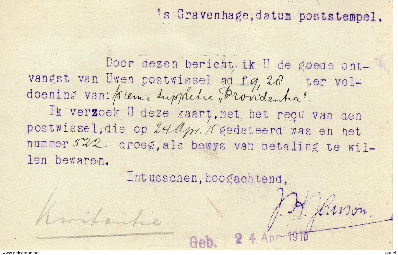 1915  Bk Met Firmalogo Vereeniging Van Gasfabrikanten - 'sGravenhage - Poststempel