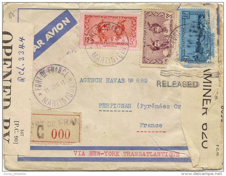 Lettre Recommandée Censurée N° 000 Du 11 Janvier 1941 Pour Agence Havas Perpignan , Via NY Transatlantique ............. - Lettres & Documents