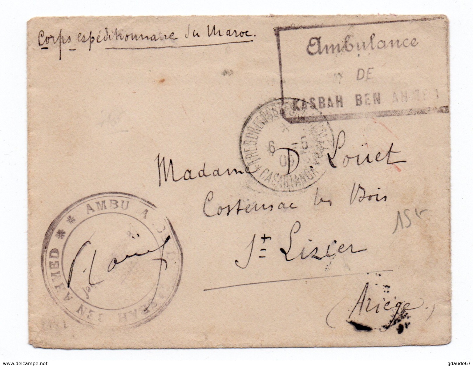 1909 - ENVELOPPE Du CORS EXPEDITIONNAIRE DU MAROC Avec CACHET "AMBULANCE De KASBAH BEN AHMED" - Military Postmarks From 1900 (out Of Wars Periods)