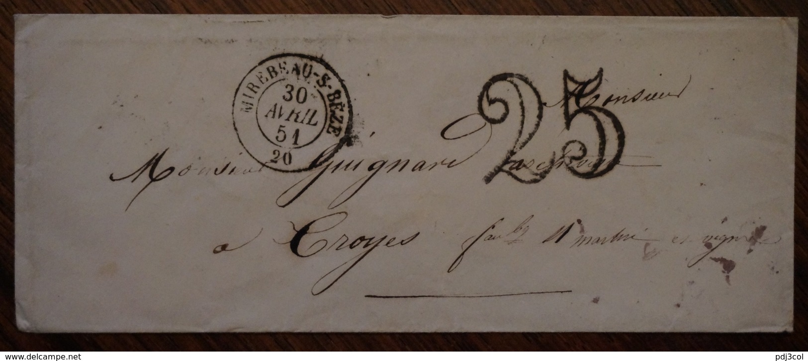 Enveloppe Avec Cad De Mirebeau Sur Bèze Adressée à Monsieur L'archiviste Guignard à Troyes, 1851 - 1849-1876: Période Classique