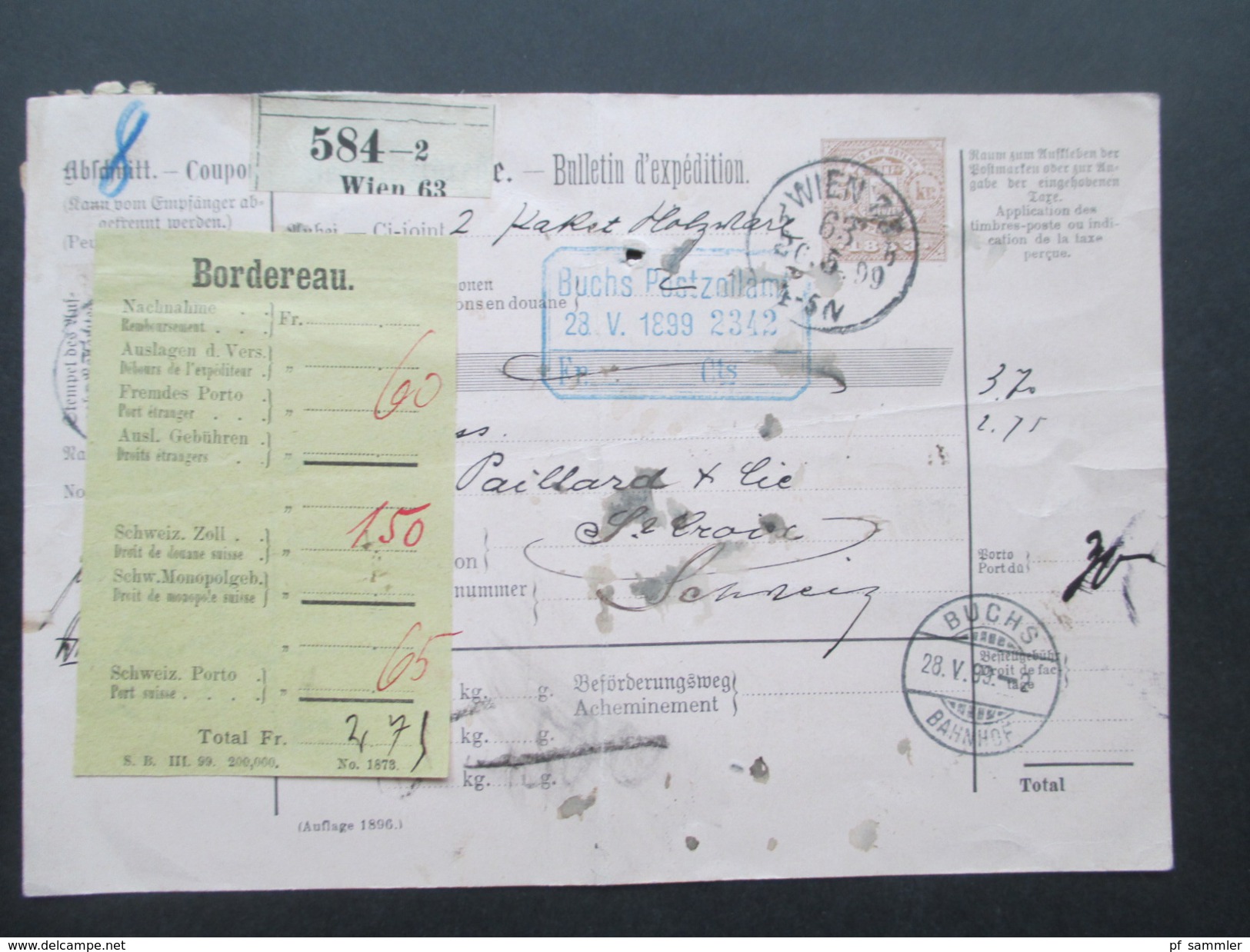 Österreich Post Begleitadresse Wien - Ste Croix (Schweiz) 1899 Buchs Bahnhof. Klebezettel: Bordereau / Fremdes Porto. - Cartas & Documentos