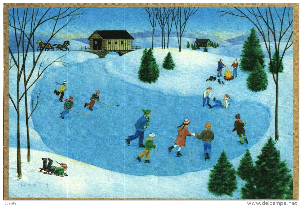 Carte Double   -   Illustrée  Signée  -   Enfants, Patinage Sur Un Lac, Hockey, Paysage Hivernal - Altri & Non Classificati