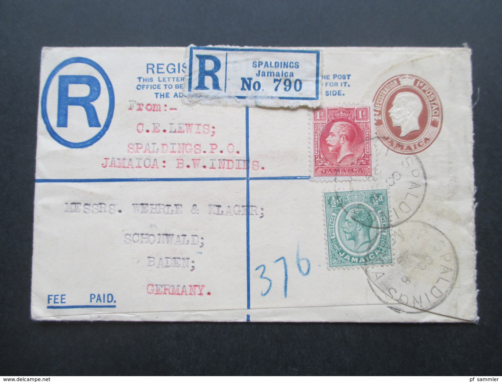 Jamaica GB Kolonie 1929 Ganzsache Mit Zusatzfrankatur Registered Letter Spaldings No 790. Über London Nach Schönwald - Giamaica (...-1961)