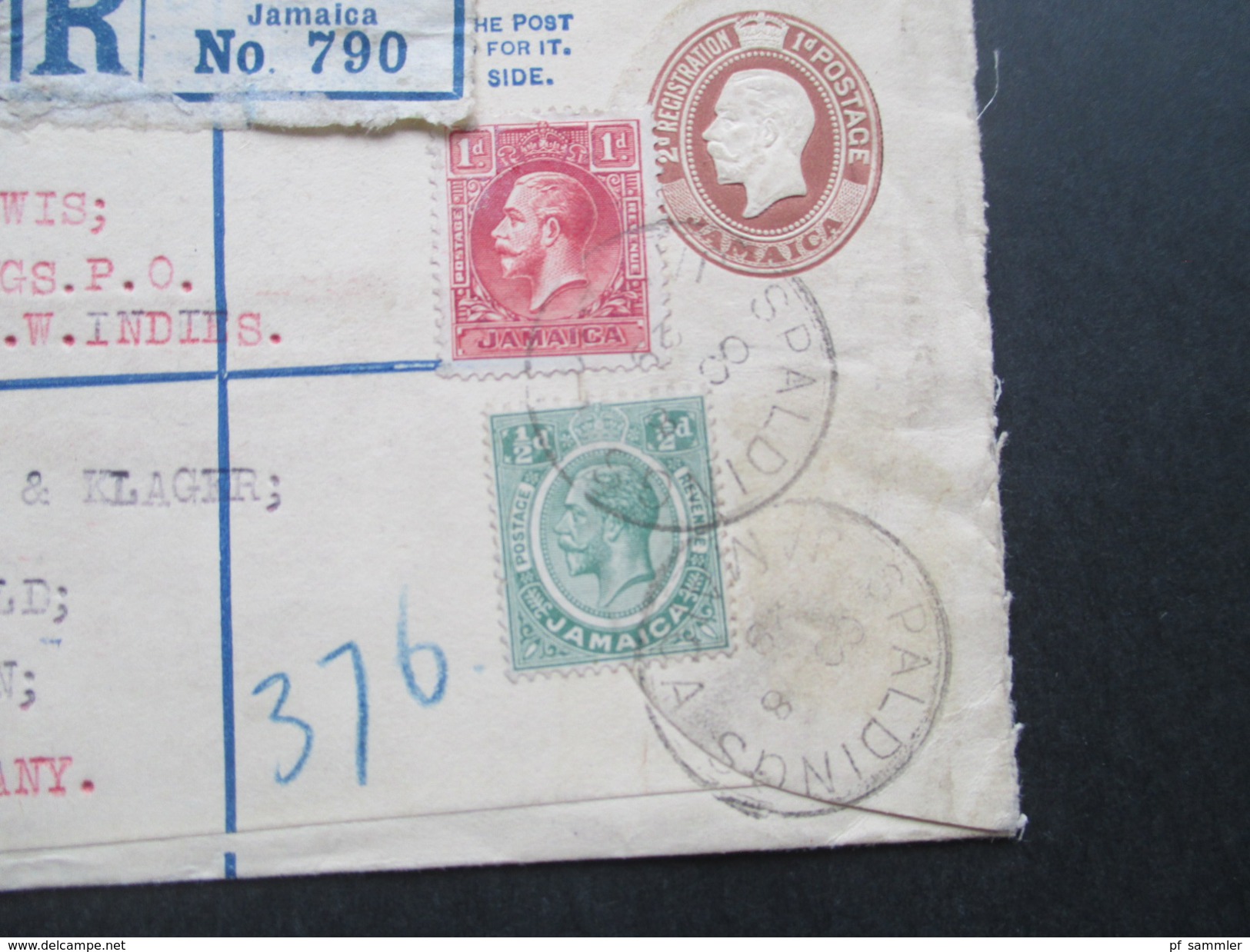 Jamaica GB Kolonie 1929 Ganzsache Mit Zusatzfrankatur Registered Letter Spaldings No 790. Über London Nach Schönwald - Giamaica (...-1961)