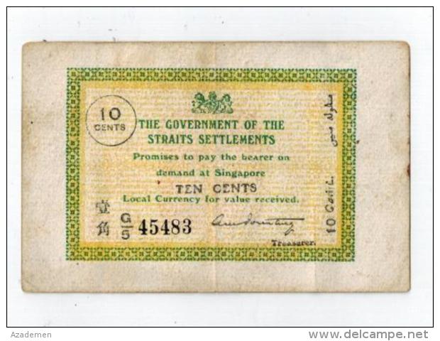 SINGAPORE  STRAITS SETTLEMENT - Emergency 10 Cents Currency Note 1919. - Singapour