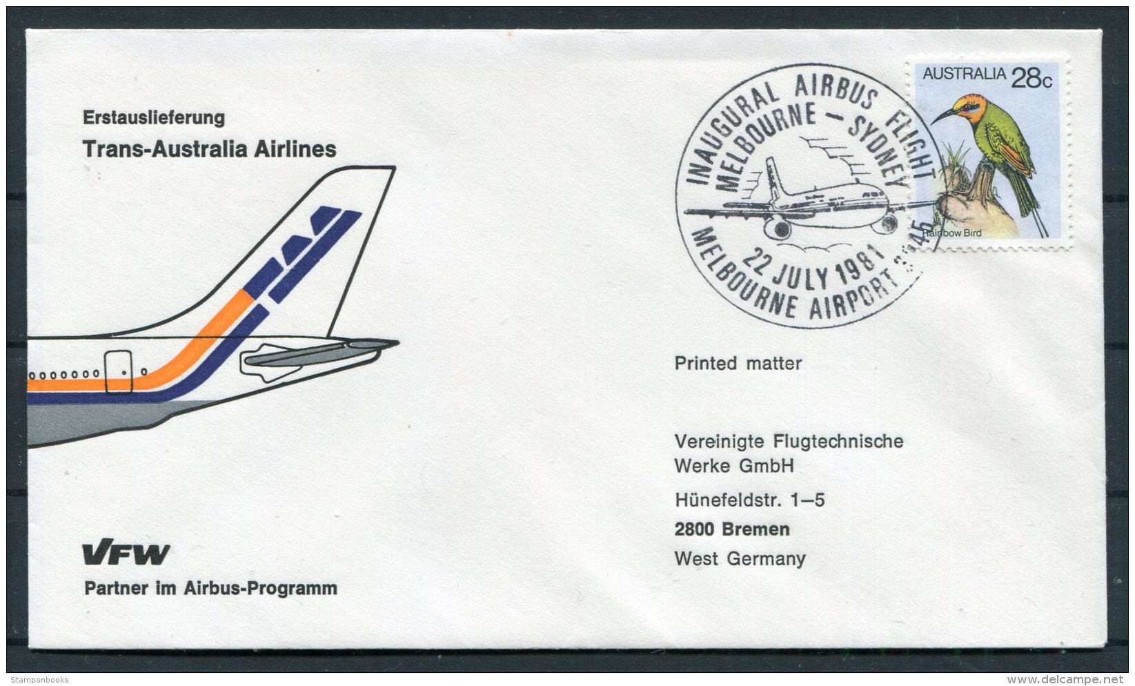 1981 Australia Melbourne - Sydney Trans-Austalia Airlines VFW Airbus Flight Cover - Briefe U. Dokumente