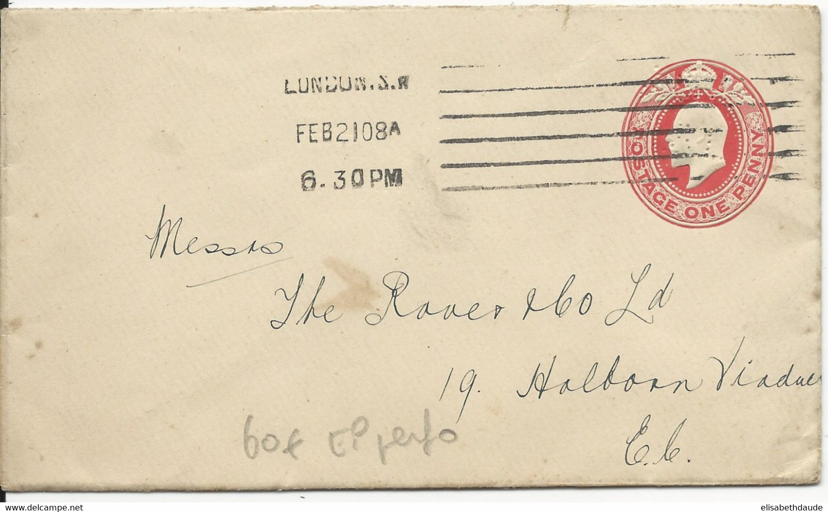 GB - 1908 - ENVELOPPE ENTIER PERFOREE (PERFIN) C.S.L A & . De LONDON - Perfin