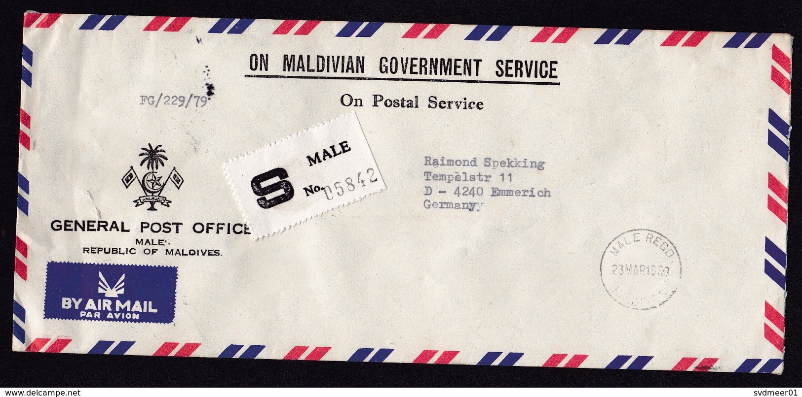 Maldives: Official Registered Airmail Cover To Germany, 1980, Rare R-label Male (traces Of Use) - Maldiven (1965-...)