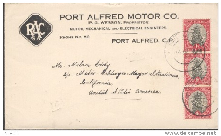 Cover From South Africa For California (USA)  Port Alfred Motor  And CO - Lettres & Documents