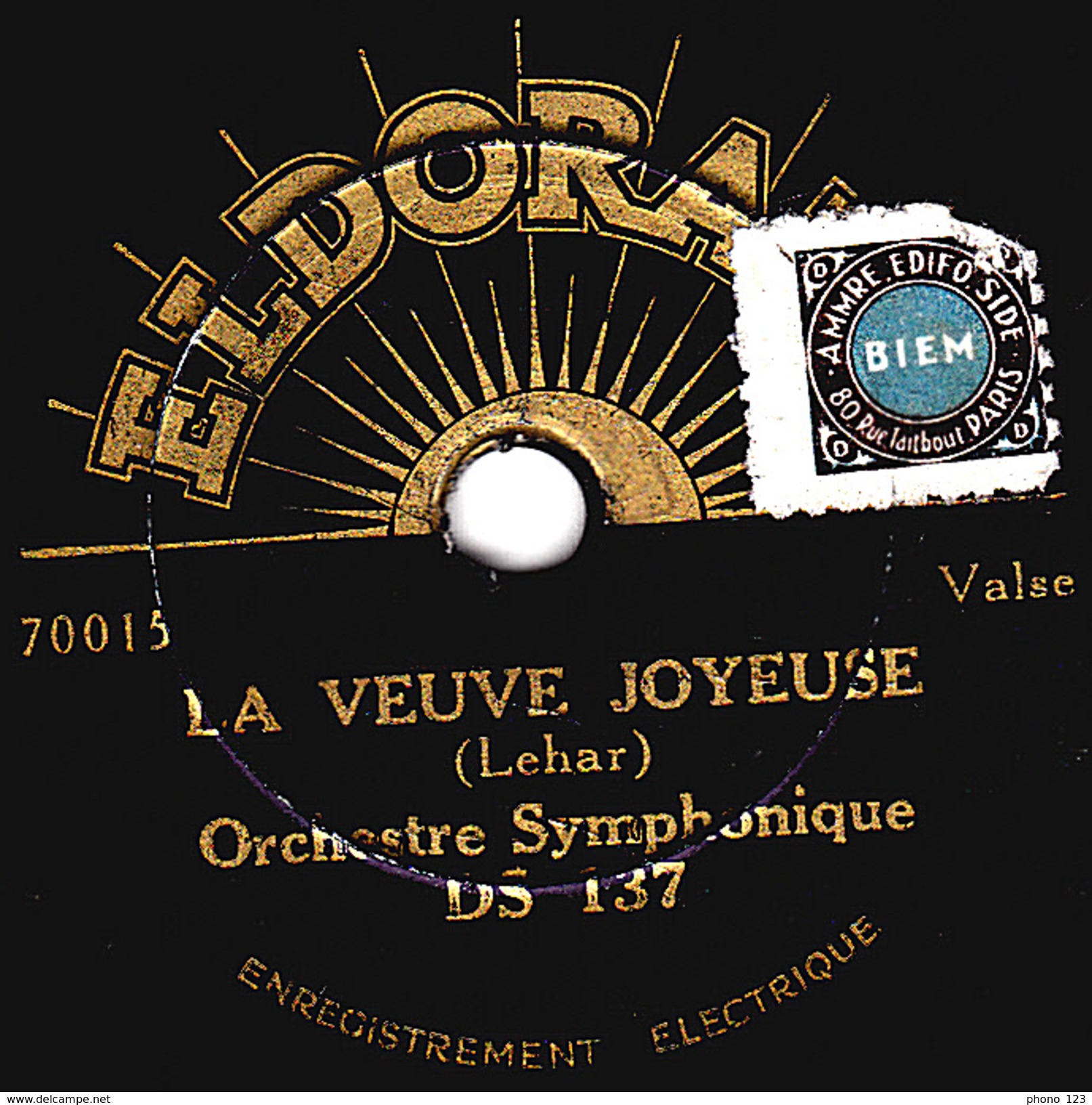 78 T. -  20 Cm - état  TB  - Orchestre Symphonique - LA VEUVE JOYEUSE - RÊVE DE VALSE - 78 T - Disques Pour Gramophone