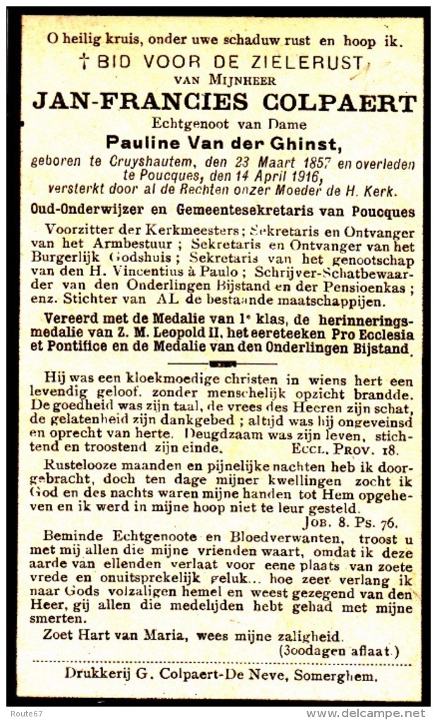 Colpaert Jan,Francies - Van Der Ghinst Pauline ° Kruishoutem 1857 + 1916 Poeke   Lot 15456 - Images Religieuses