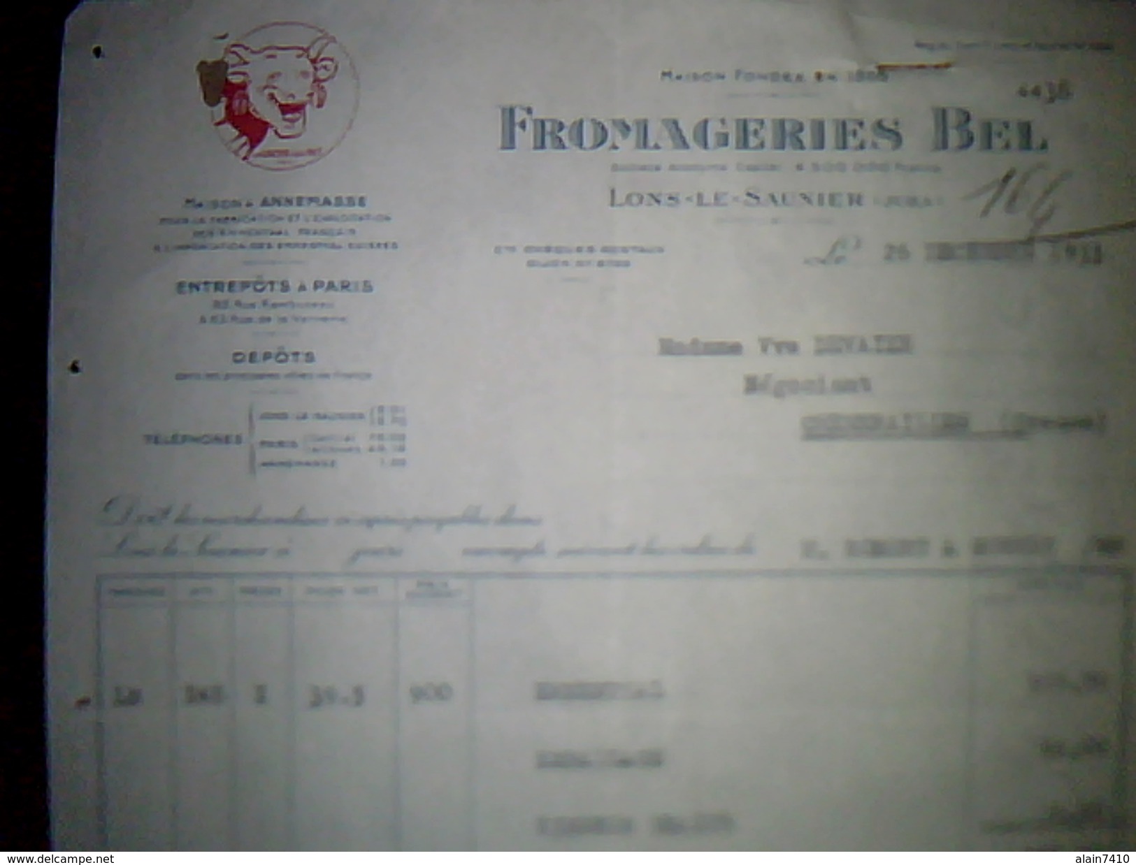 Facture  + Lettre De Change Fromagerie Bel A Lons Le Saunier  Pub Vache Qui Rie Annee 1934 - Food