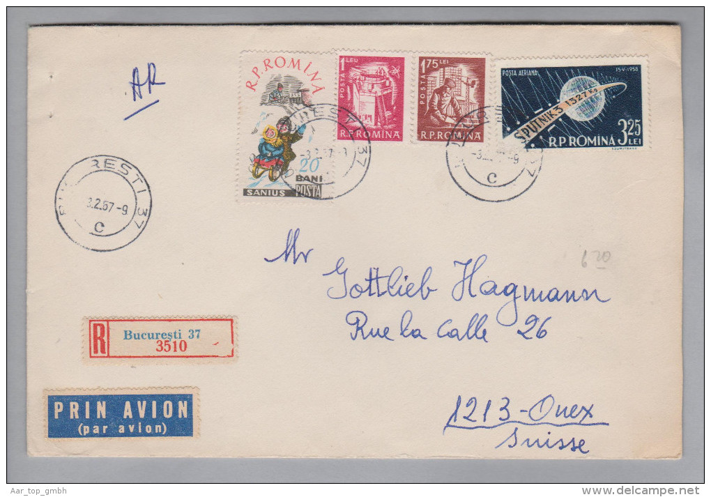 Rumänien 1957-02-03 Bukarest R-Brief Mit Rückschein Nach Onex CH - Lettres & Documents