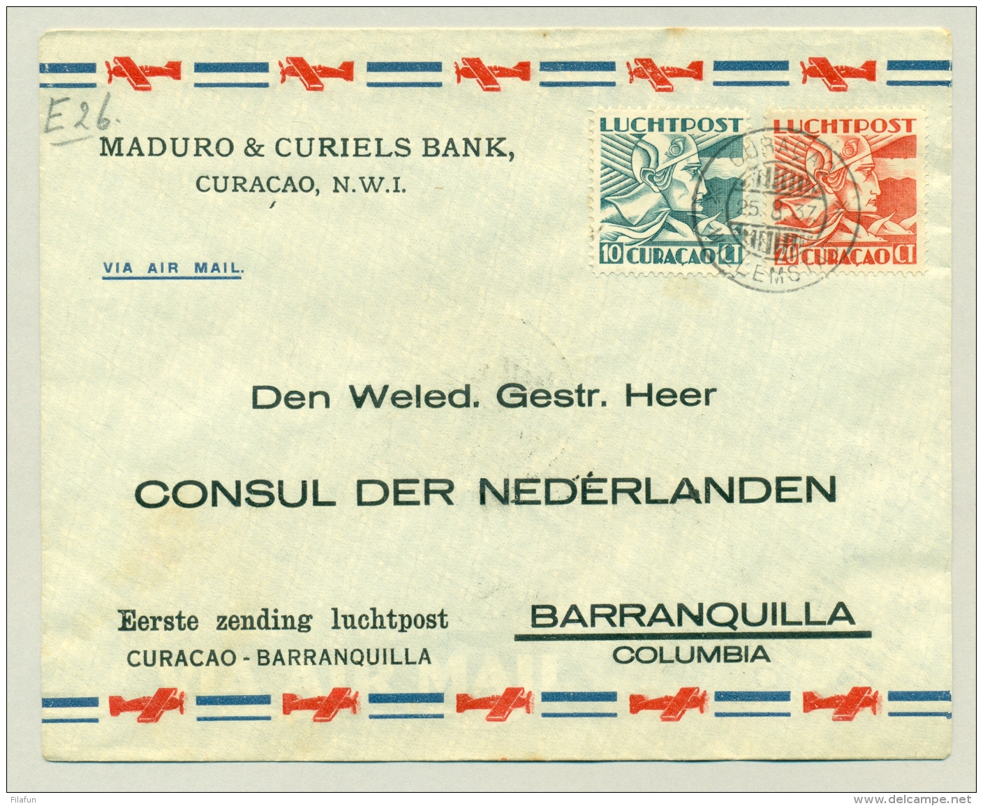 Nederland - 1937 - Eerste Vlucht Van Curacao Naar Barranquilla / Colombia - Snip-vlucht - Curaçao, Nederlandse Antillen, Aruba