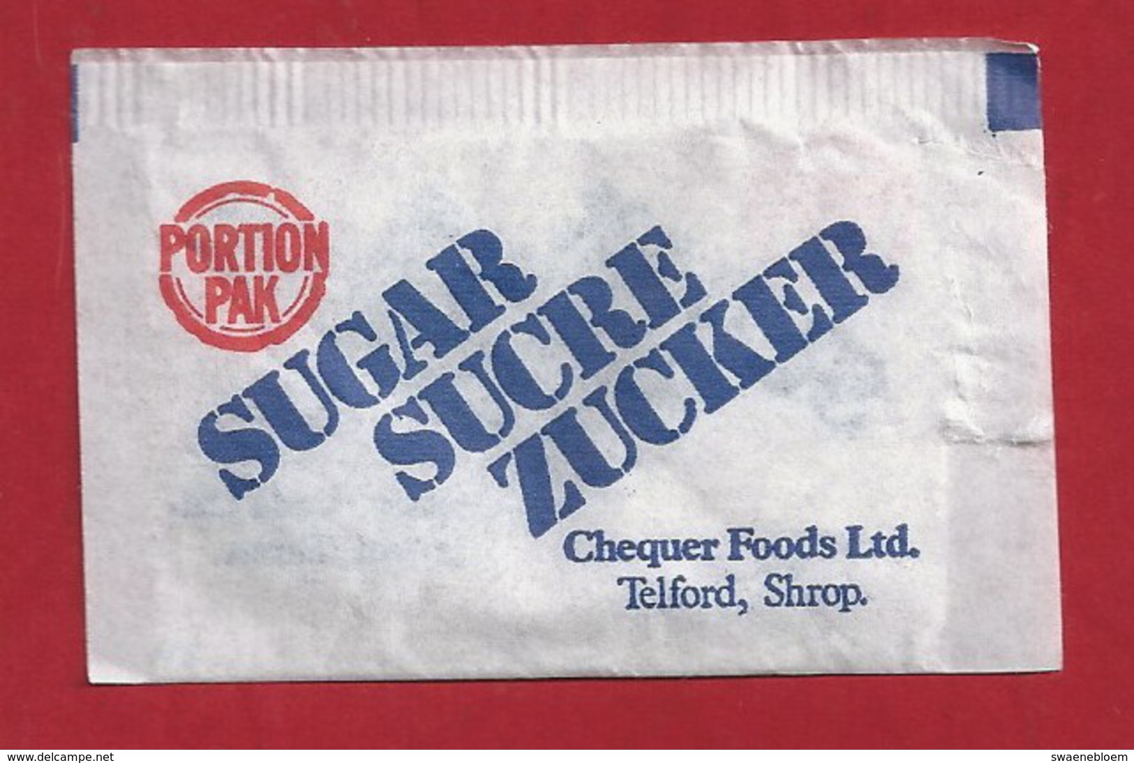 Suikerzakje.- PORTION PAK. SUGAR. SUCRE ZUCKER. CHEQUER FOODS LTD. TELFORD, SHROP -.  2 Scans - Sugars