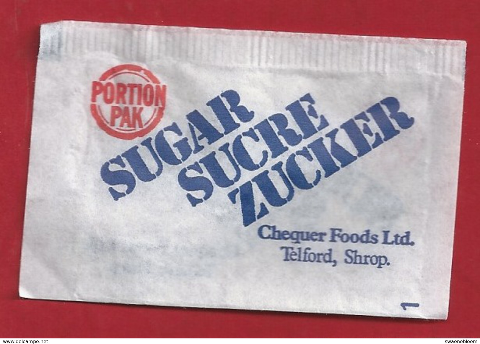 Suikerzakje.- PORTION PAK. SUGAR. SUCRE ZUCKER. CHEQUER FOODS LTD. TELFORD, SHROP -.  2 Scans - Sugars