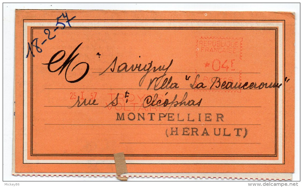 EMA-1957-TROYES VOLTAIRE-*04F Sur Petite Carte Double Publicitaire"Lingerie"signée Carat-Ets Golde Destinée Montpellier - EMA (Empreintes Machines à Affranchir)
