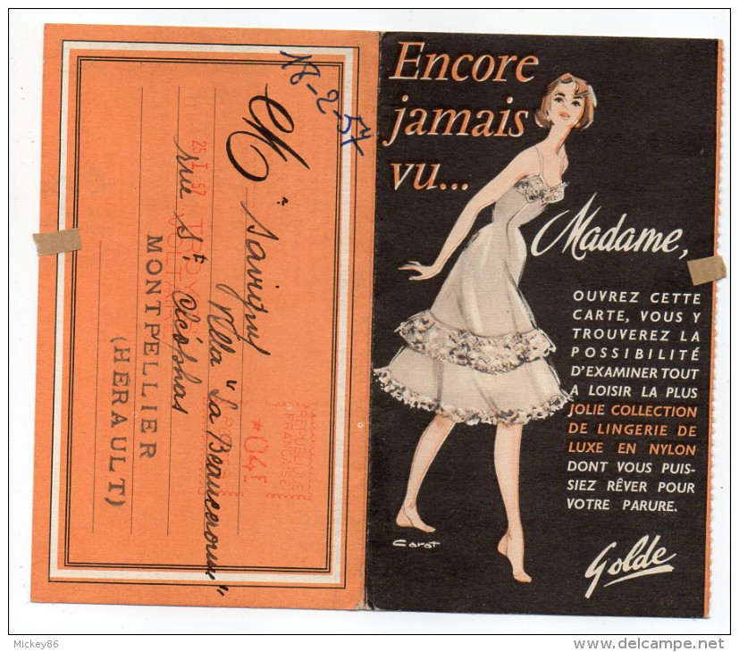 EMA-1957-TROYES VOLTAIRE-*04F Sur Petite Carte Double Publicitaire"Lingerie"signée Carat-Ets Golde Destinée Montpellier - EMA (Empreintes Machines à Affranchir)