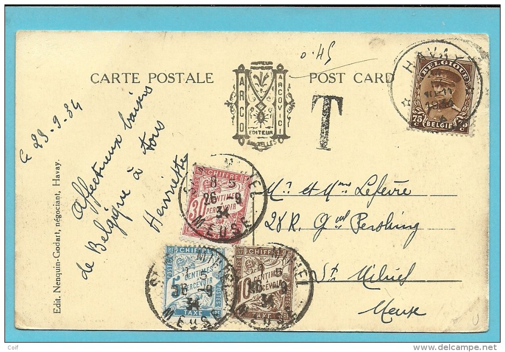 341 Op Kaart Sterstempel (Relais) * HAVAY * Naar ST-MIHIEL (France) Getaxeerd (taxe) 5/10/30 Cent Stempel SAINT-MIHIEL - 1931-1934 Quepis