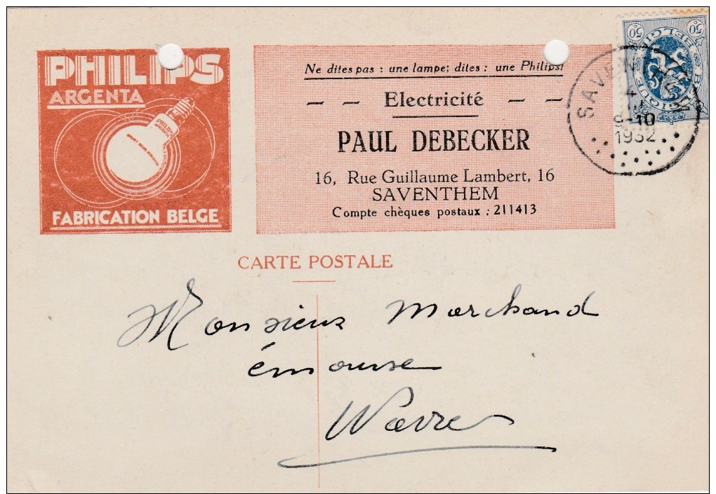 Saventhem ,carte Publicitaire, Paul Debecker , Philips  Argenta  ;lampe, Ampoule ;electricité - Zaventem