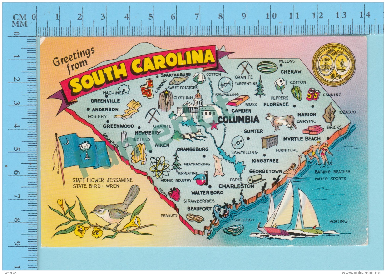 Maps, Cartes Géographiques - Greeting From Carolina , Map, State Flower, State Bird  Used In 1969  Stamp - 2 Scans - Cartes Géographiques