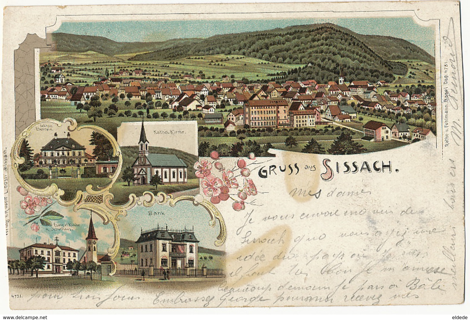 Gruss Aus Sissach Litho Bank  Kirche Schloss Edit Fehlmann Basel - Sissach